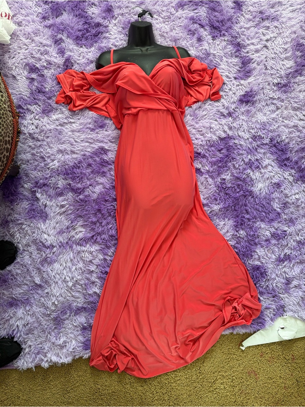 Fashion to Figure Coral off the Shoulder Ruffle Maxi Dress